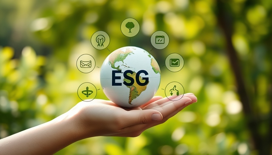 ESG symbols around globe in hand, green blurred background