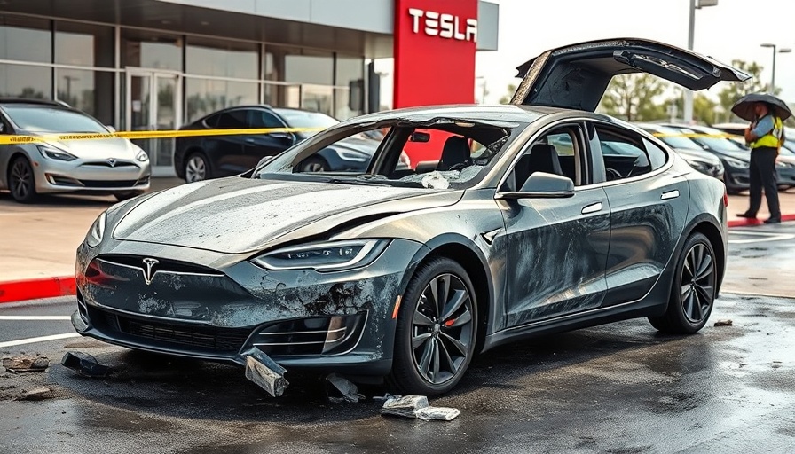 Aftermath of violent attacks on Tesla dealership with damaged vehicle.