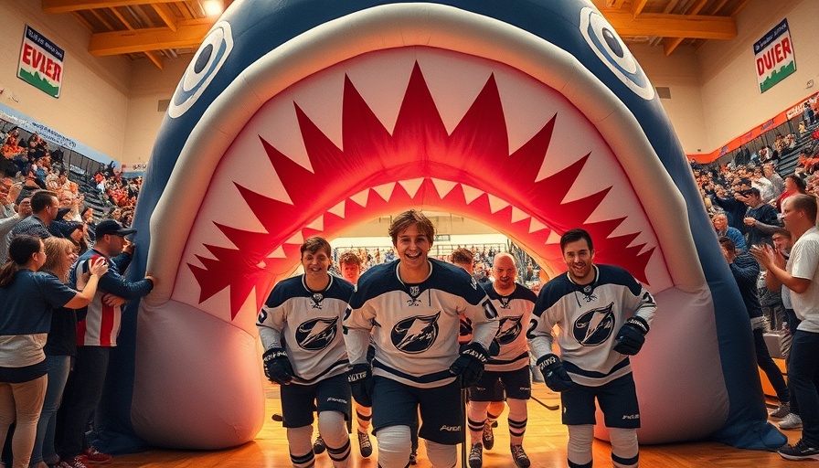 San Jose Sharks and Special Olympics floor hockey players entering through inflatable shark mouth.