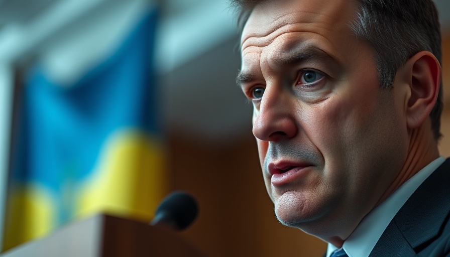 Ukrainian man giving speech with flag in background.