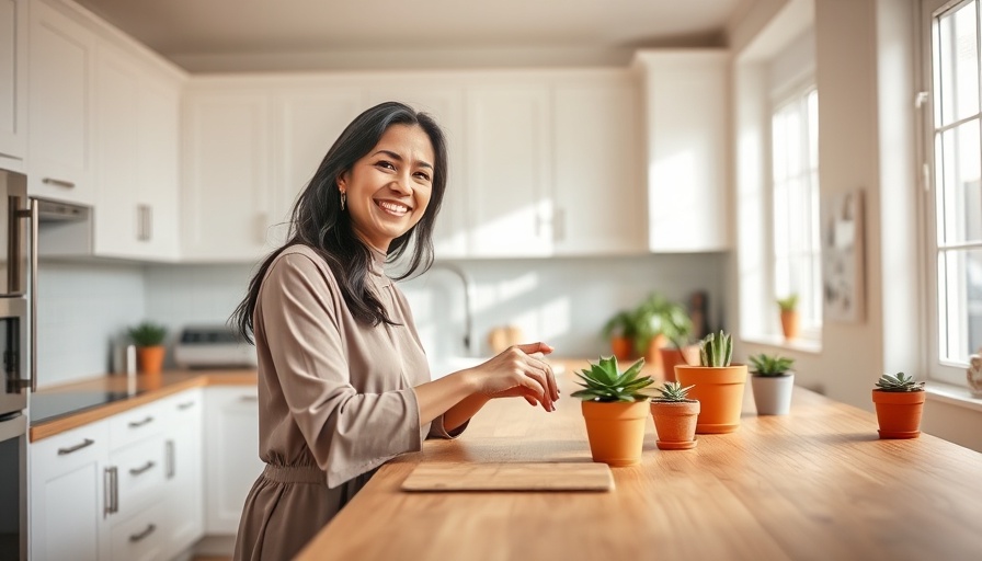 Elegant woman smiling in a modern white kitchen, bright daylight.