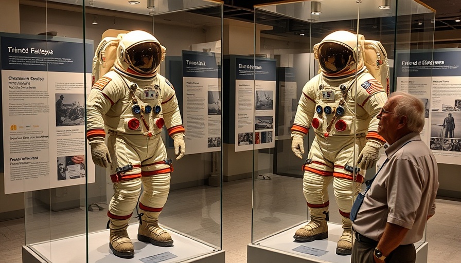 Vintage astronaut suits displayed at a museum with observer.
