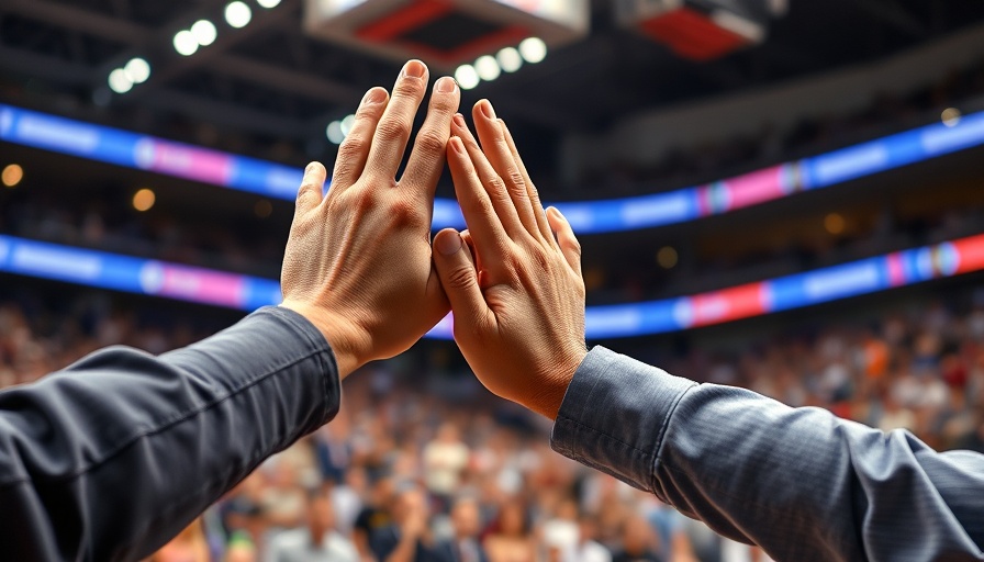 Dynamic high-five at sports event, bright indoor arena.