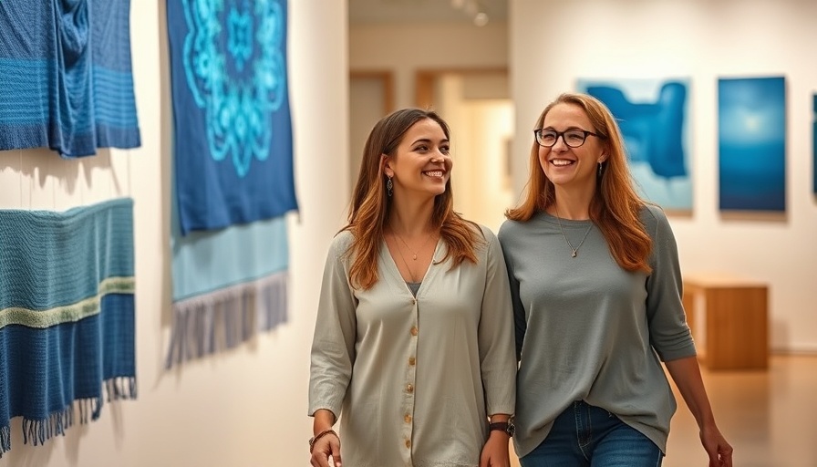 Two women enjoying textile artworks in Marin gallery