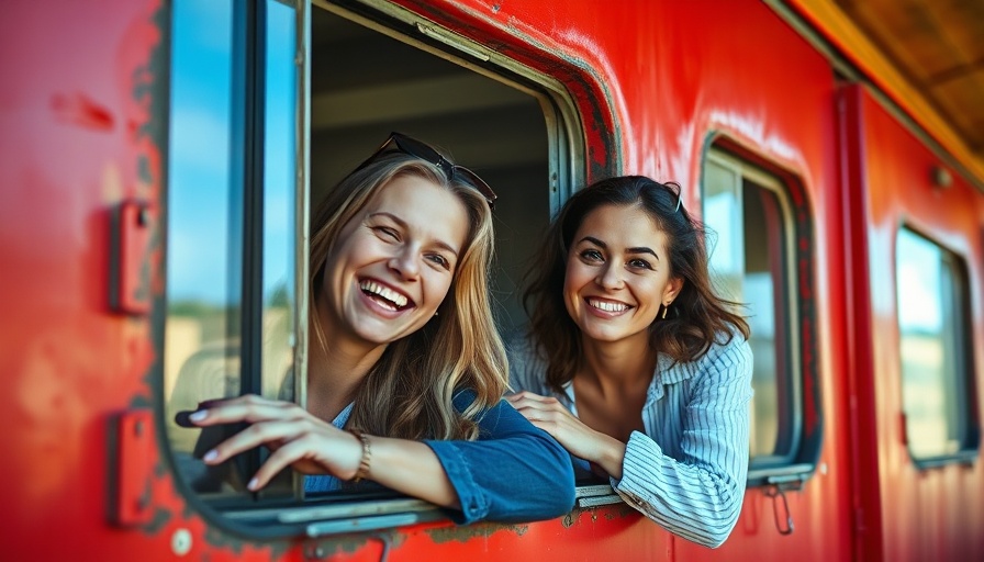 Two smiling women on a train in Sri Lanka.