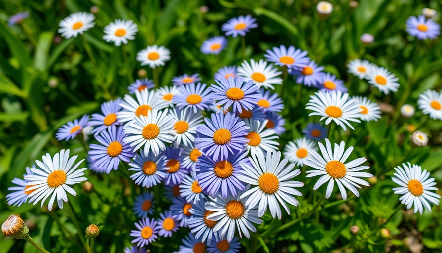 Wildflower lawn transformation with vibrant blue and white flowers.