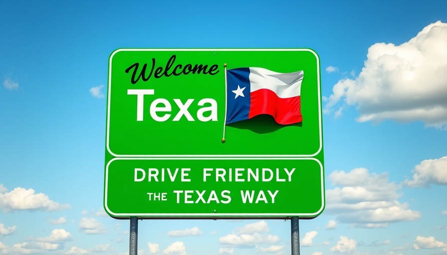 Texas attractions sign with waving flag and welcome message.