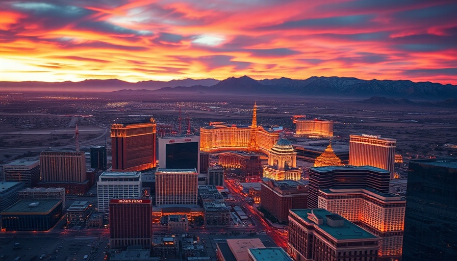 Aerial view of Las Vegas at sunset, city lights glowing.