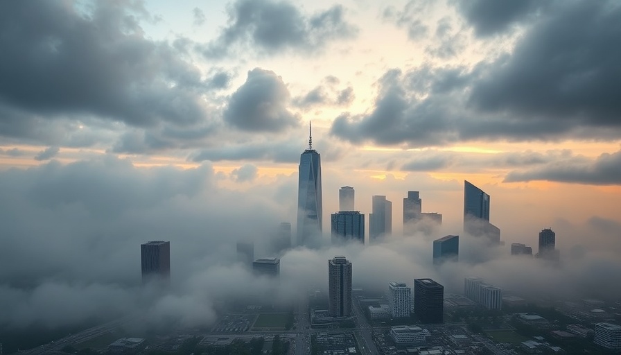 Fog covers downtown Houston at dawn, showcasing the skyline.