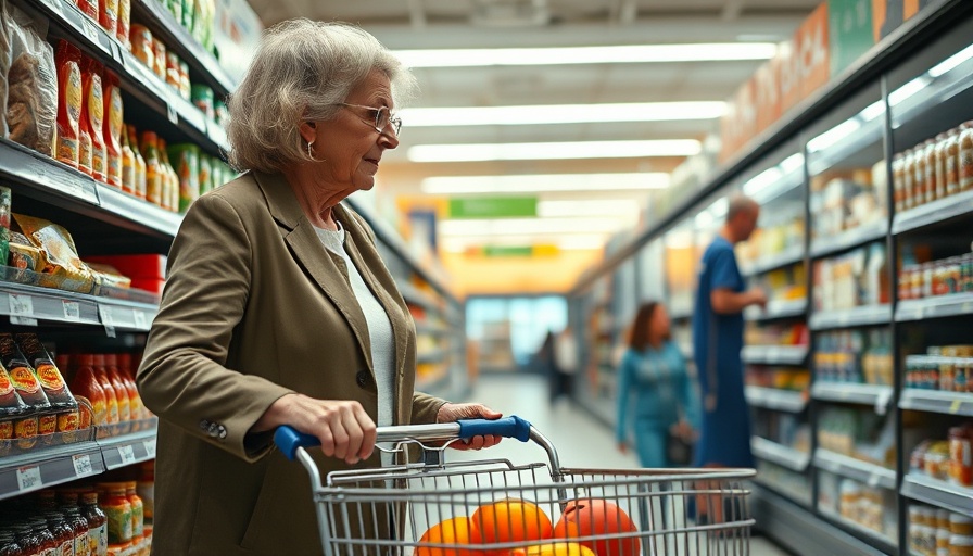 Older woman assessing supermarket shelves, cost of trade war with US