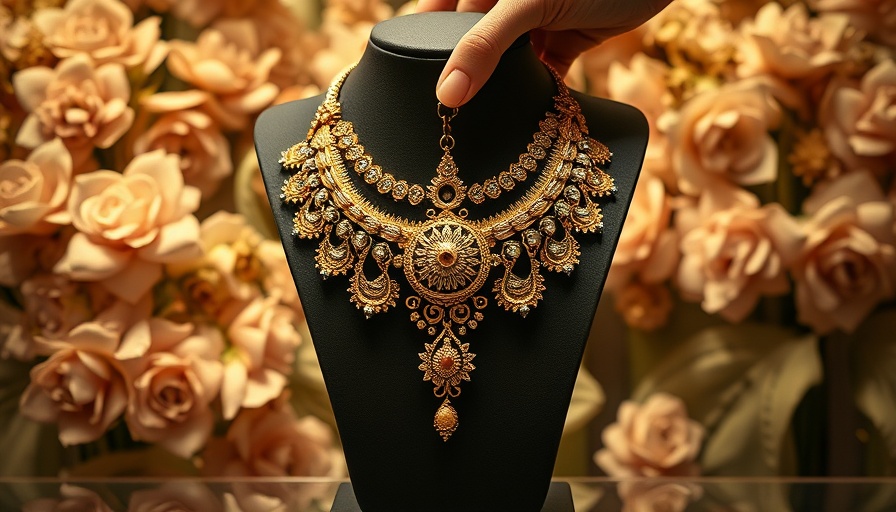 Ornate gold necklace being adjusted in a luxurious display.