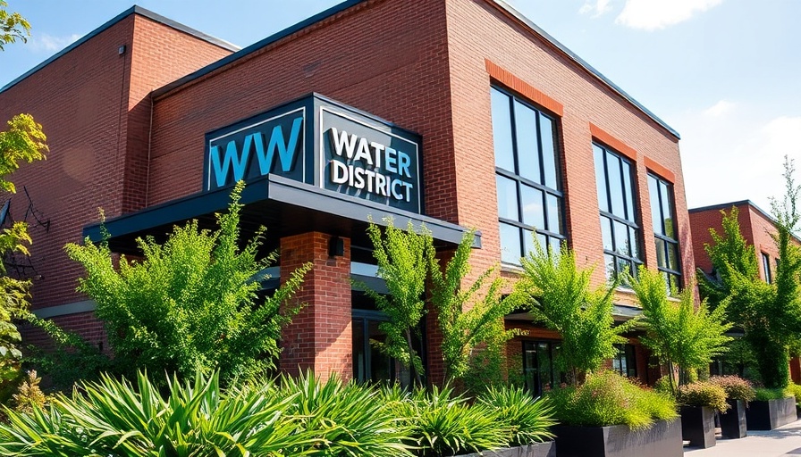 Marin Municipal Water District building with green foliage and clear sky.