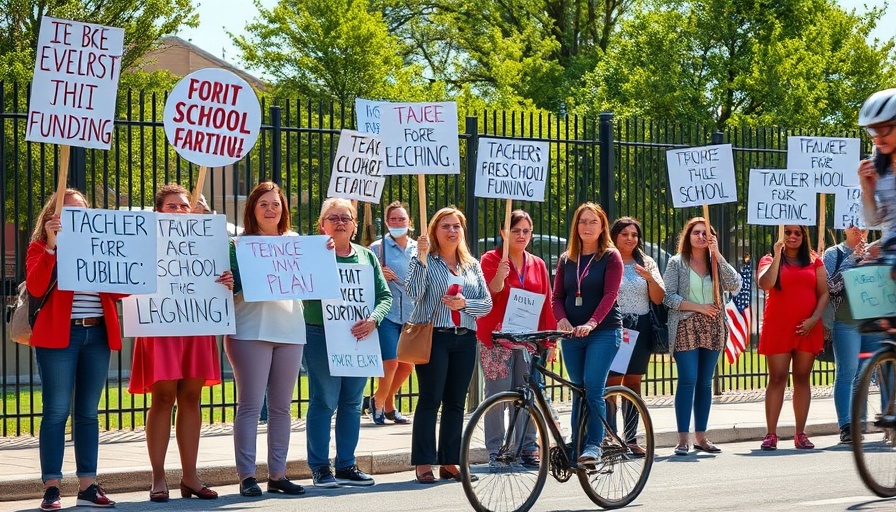 Teachers rally for public school funding with protest signs.