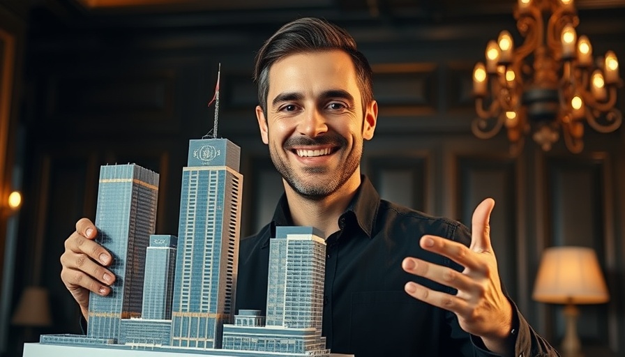 Smiling man showcases skyscraper design indoors, Trump's love for 1982 Cats.