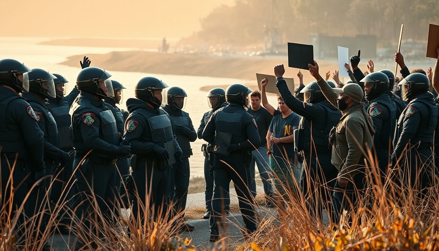 Police in riot gear facing protesters near water. Greenpeace Bankruptcy Lawsuit.