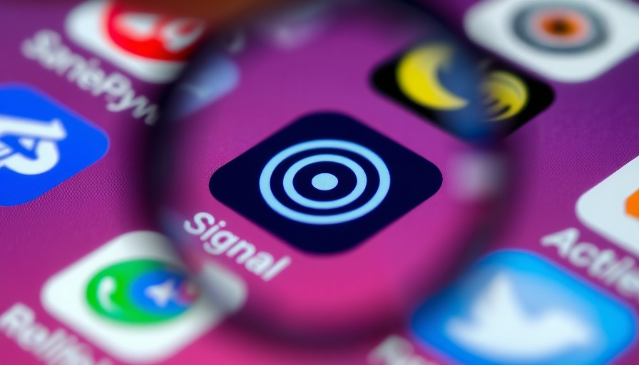 Close-up of Signal app icon magnified, encrypted messaging apps.