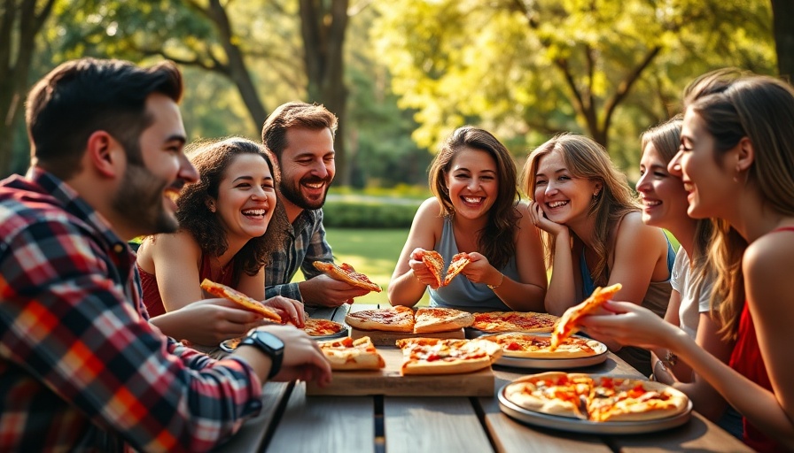 Group of friends sharing a meal outdoors, predictor of happiness.