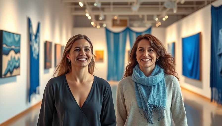 Two women enjoying art gallery exhibition in Marin with blue textiles.