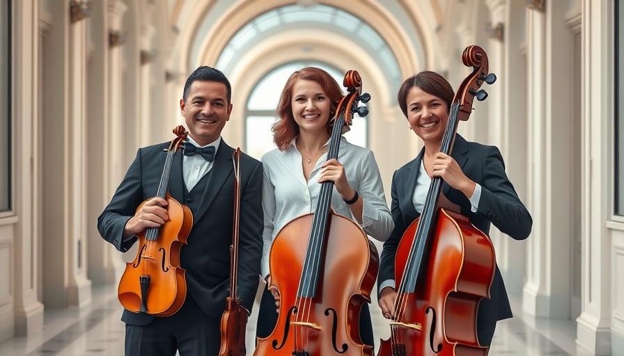 Musicians posing with instruments indoors, smiling group portrait.
