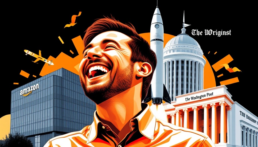 Illustrative collage with a man, Amazon, Blue Origin, and Washington Post logos.
