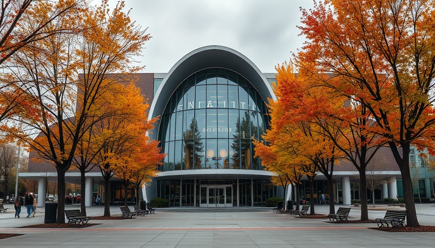 Modern building with autumn trees in urban setting, representing Russia sanction breaches.