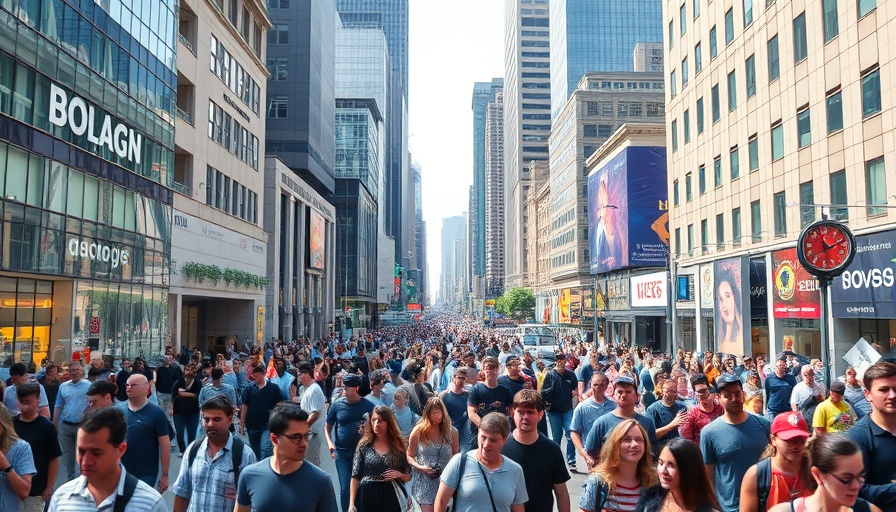 Urban plaza with diverse crowd and clocks, symbolizing time and finance.