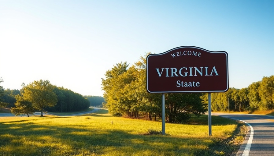 Welcome to Virginia highway sign, lush green trees, sunny day.