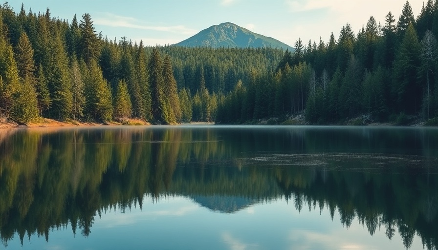 Beautiful serene lake with evergreen trees in Bothell WA.
