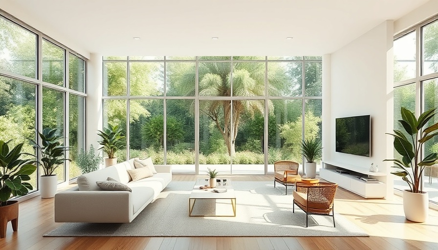 Living room with floor-to-ceiling windows showcasing garden, bright and airy.