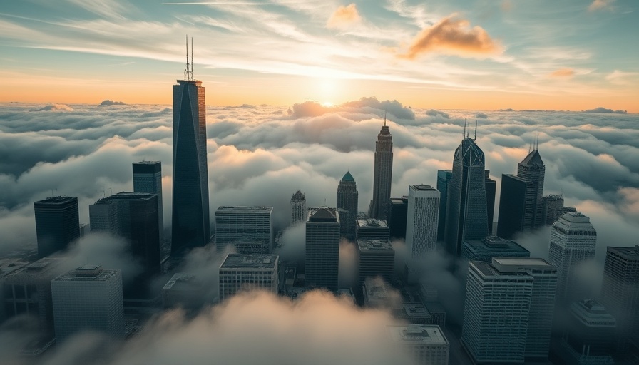 Aerial view of Houston skyline, hazy sunrise over the real estate market.