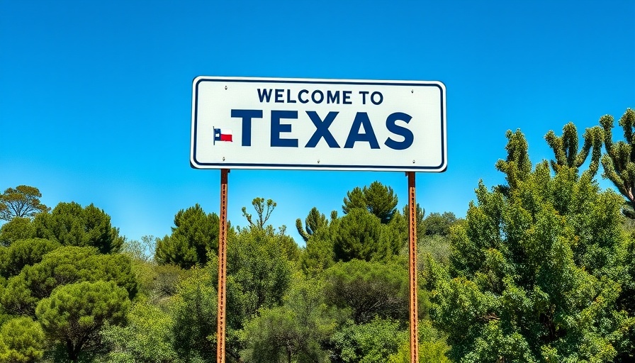Welcome to Texas road sign with state flag in natural landscape.