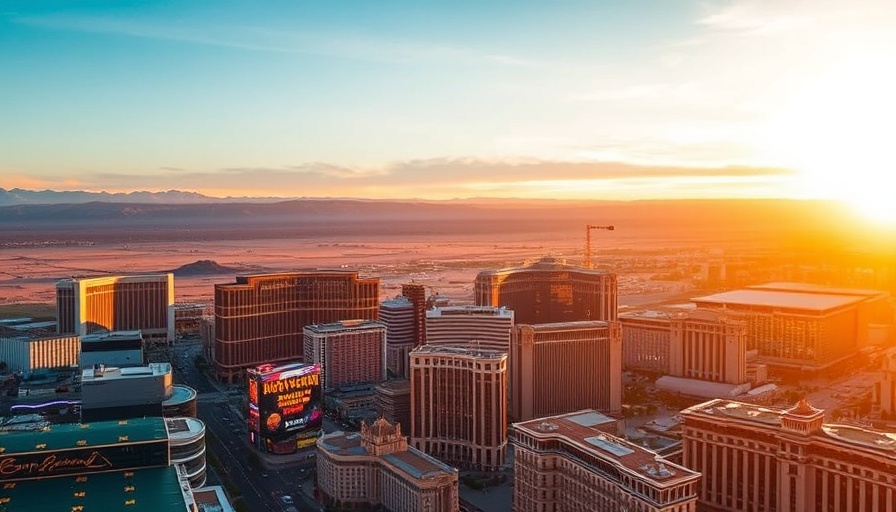 Aerial view of Las Vegas at sunset showing cityscape and mountains.