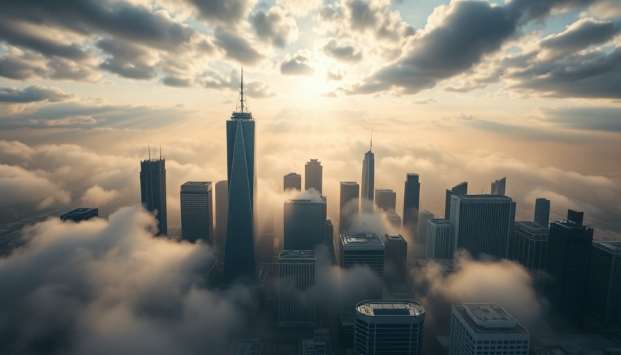 Aerial view of Houston skyline, cityscape in mist.