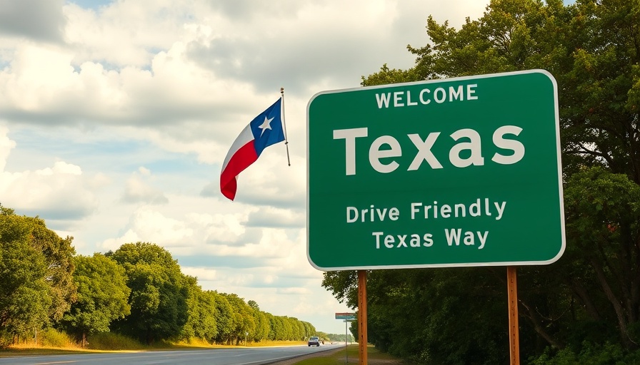 Texas welcome sign with flag and trees under cloudy sky.