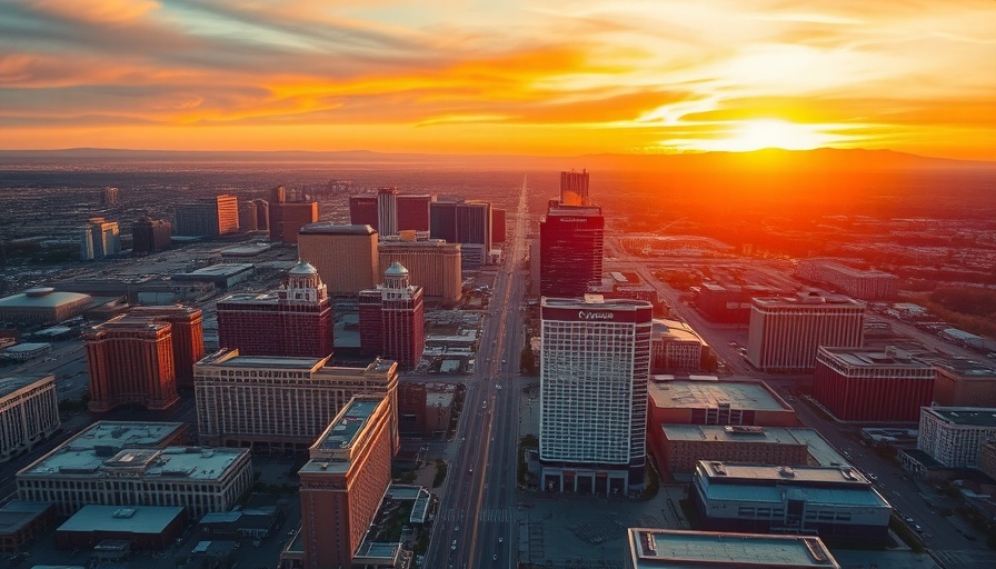 Aerial view of Las Vegas at sunset, showcasing homes for sale in Las Vegas.