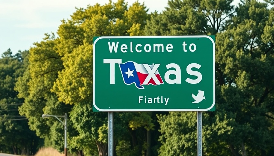 Texas welcome sign with friendly message and state flag.