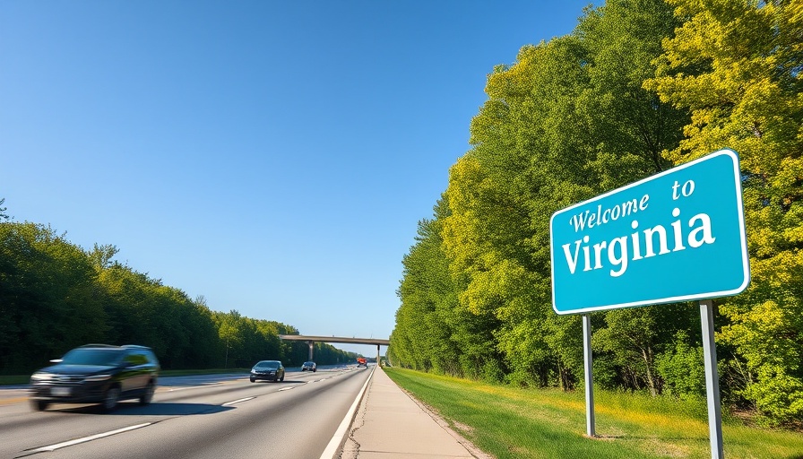 Virginia welcome sign on highway with trees and clear sky.