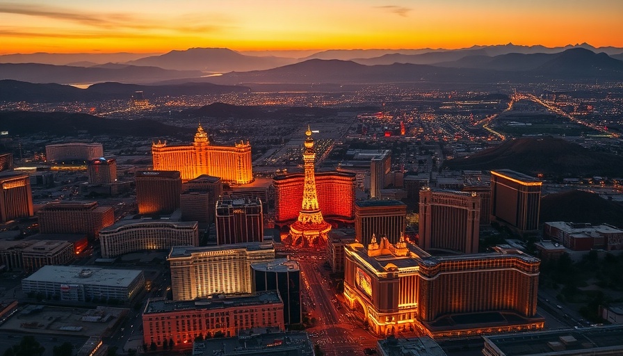 Aerial view of Las Vegas at sunset highlighting pros and cons of living in Las Vegas.