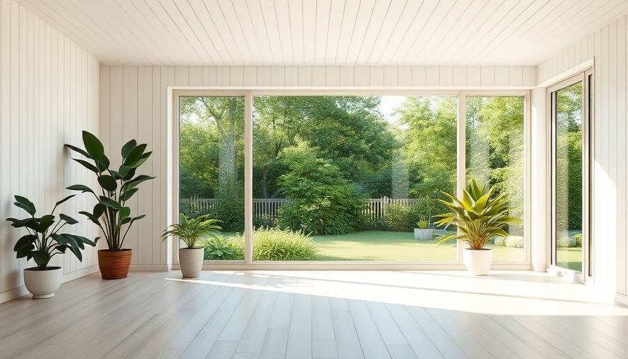 Bright modern room with floor-to-ceiling windows, lush view.