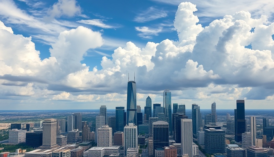 Aerial view of Houston skyline showcasing tall buildings and clouds, highlighting living pros and cons.