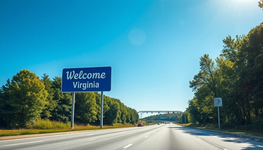 Virginia welcome sign along a highway surrounded by trees.