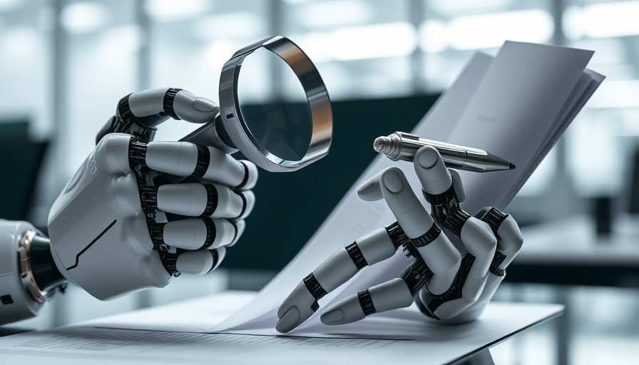 Robotic hands scrutinizing documents with magnifying glass.