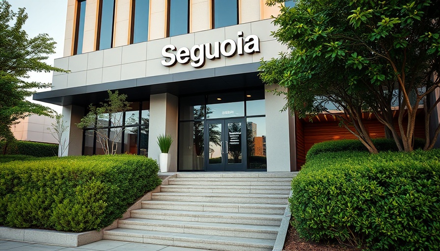 Sequoia office building with wooden sign and greenery.