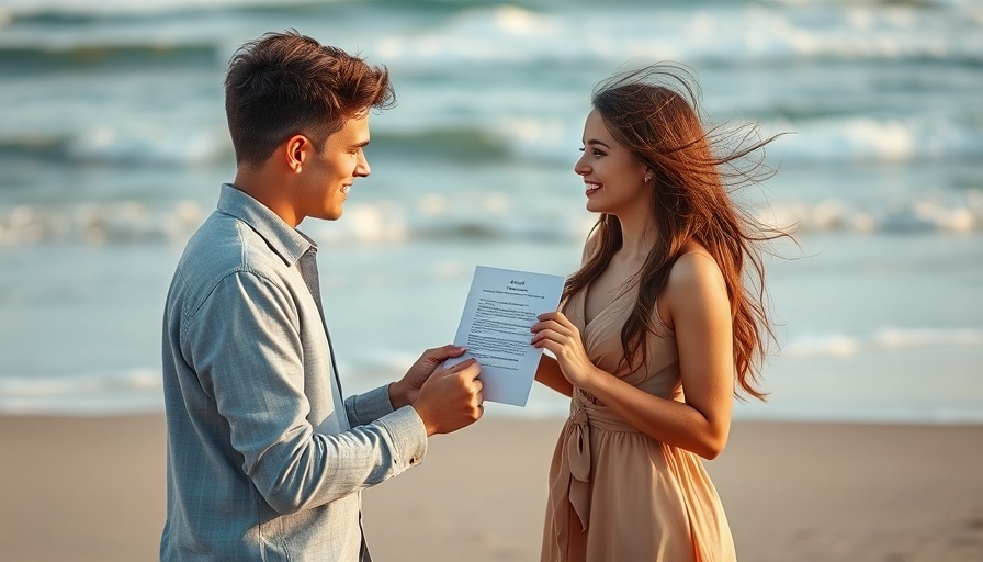 Couple on beach with comical proposal involving borrowing trends.