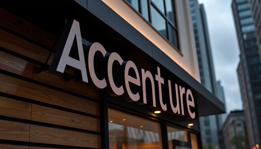 Illuminated Accenture sign on building facade.