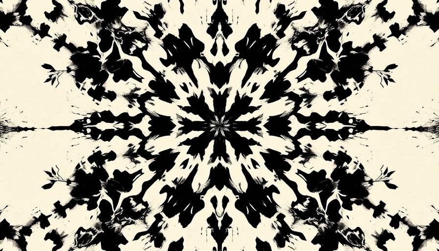 Symmetrical Rorschach inkblot pattern on cream background.