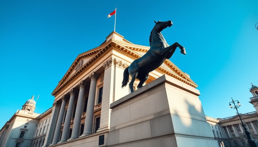Historic Bank of England with silhouette statue and blue sky