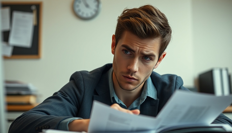 Worried man reviewing bills at a desk, contemplating debt.