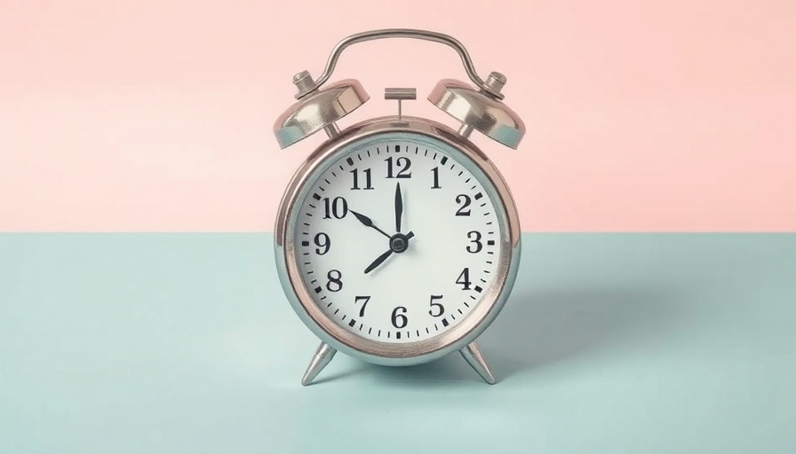 Half blue half pink background with vintage alarm clock in center displaying 10:10.