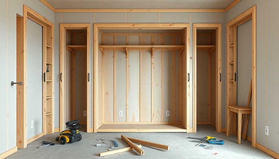 Unfinished wooden closet frames with tools in a DIY project setting.